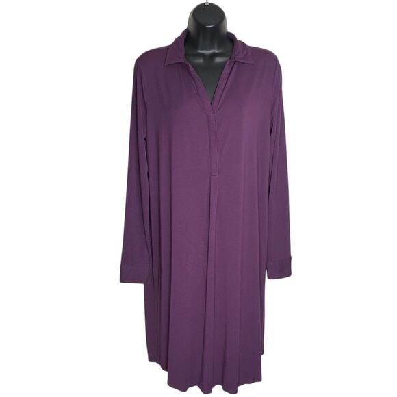 J Jill Polo Dress Womens M Purple V-Neck Collared 1/4 Button Long Sleeve Stretch - Picture 2 of 12